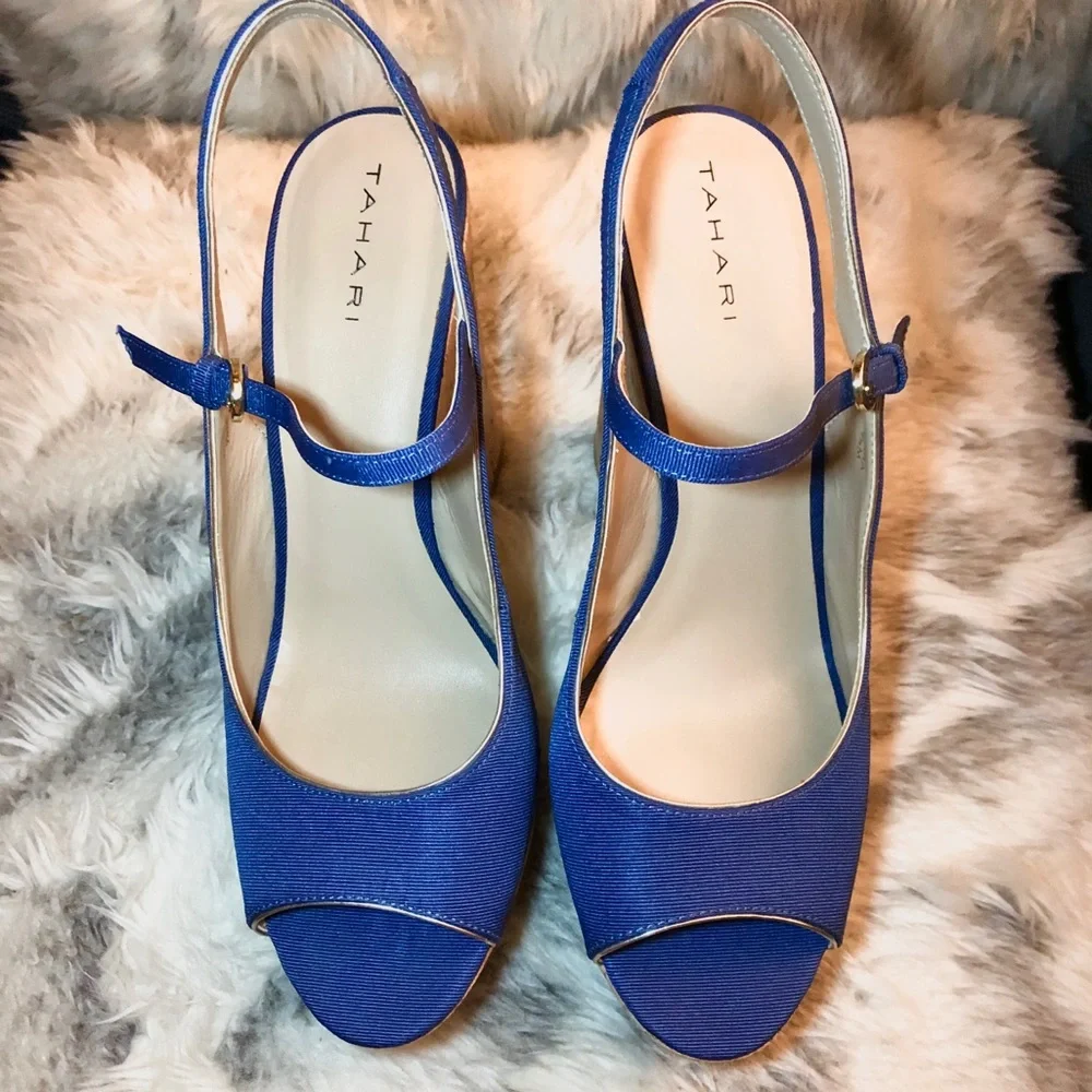 TAHARI “Misha” Blue Cork & Canvas Platform Slingback Heels